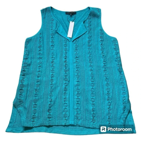 Sanctuary Crochet Sleeveless Top NWT Women’s L Large Blue Split Neck Lined Tank - Picture 1 of 8
